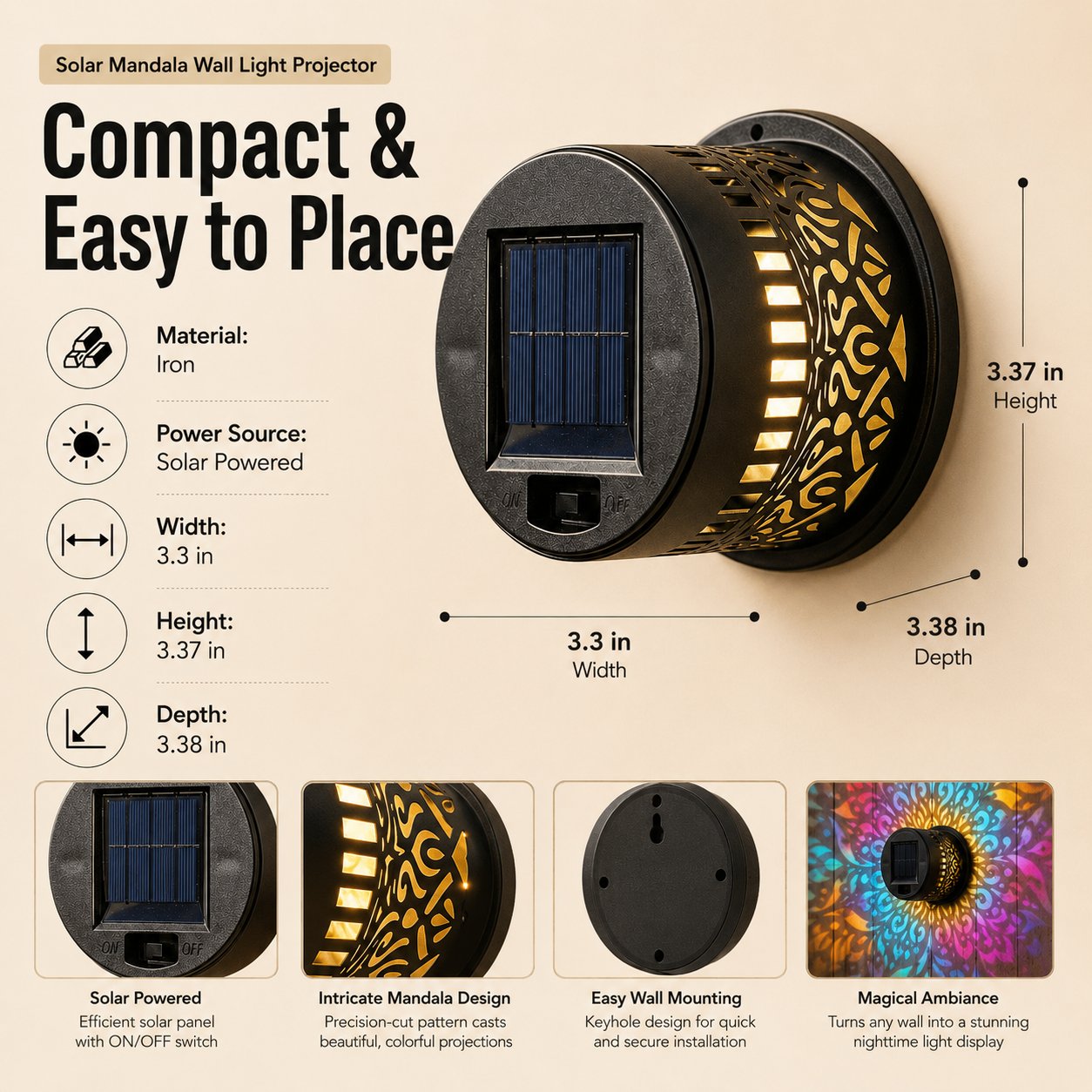 Solar Mandala Wall Light – Outdoor Garden Projector Lamp