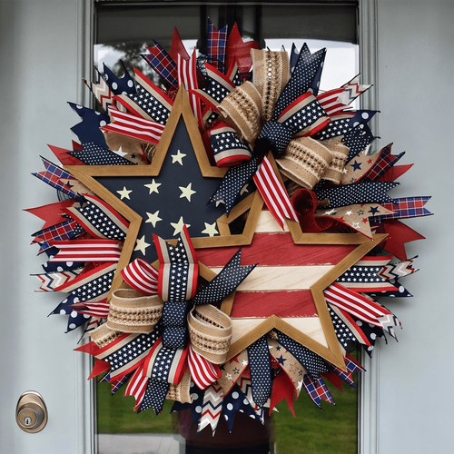 Patriotic Wreath for Front Door – Red White & Blue Decor